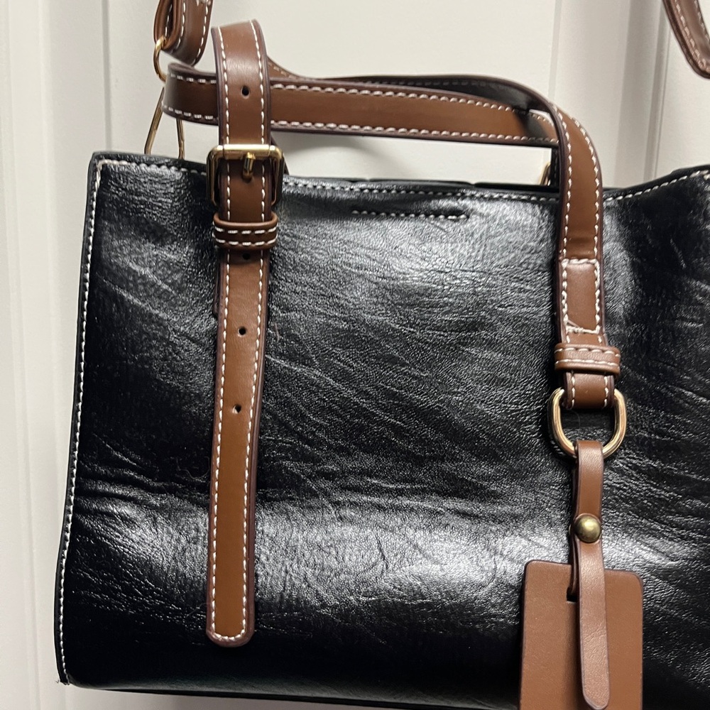 Faux Leather Two-Tone Crossbody Tote Bag. Black brown - Picture 3 of 12